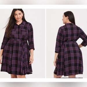 TORRID: Purple Plaid Mini Challis Button-Front Shirt Dress